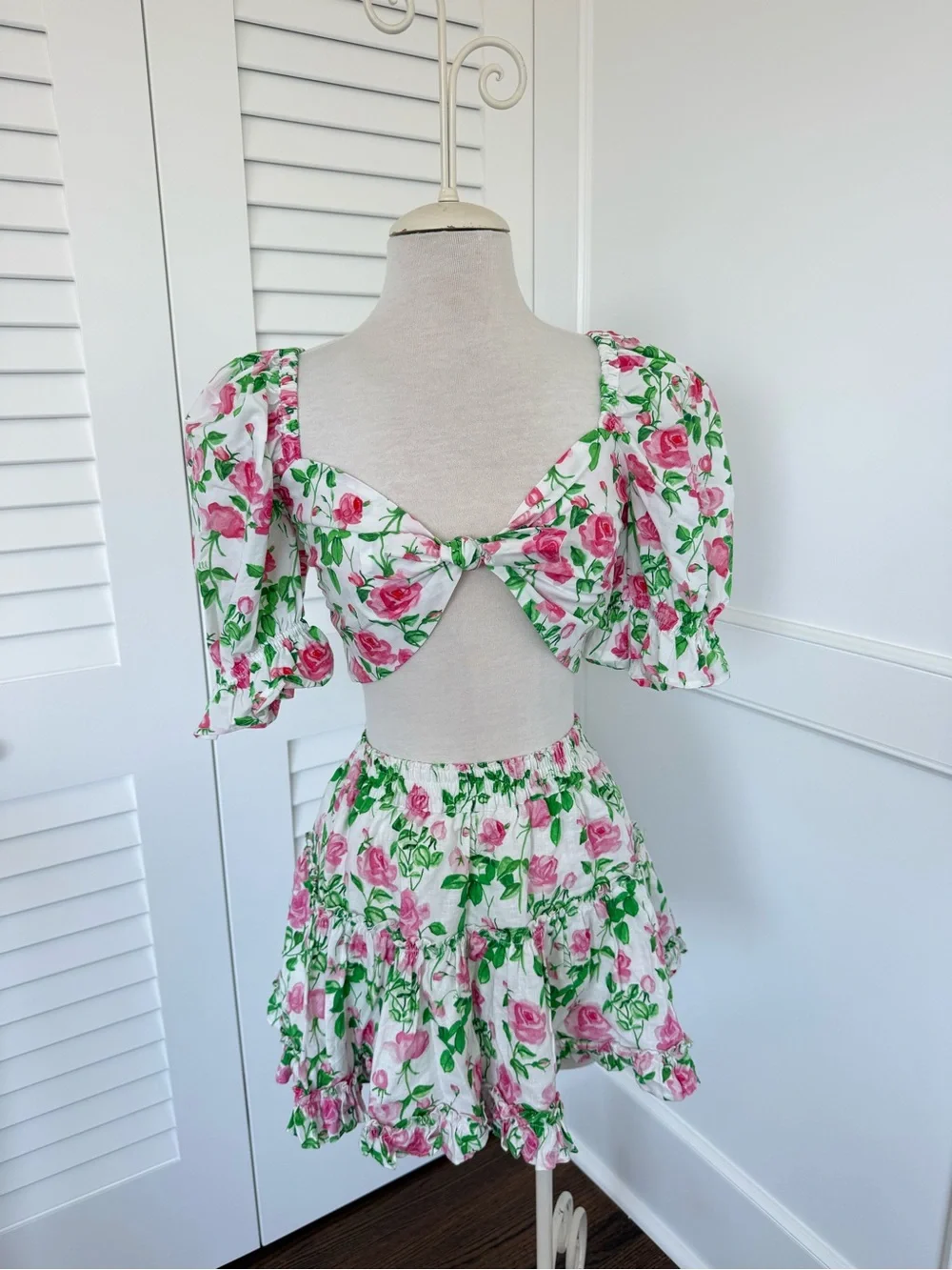 Hill House Floral Rose Print Puff Sleeve Circle Skirt Set in Pink & Green